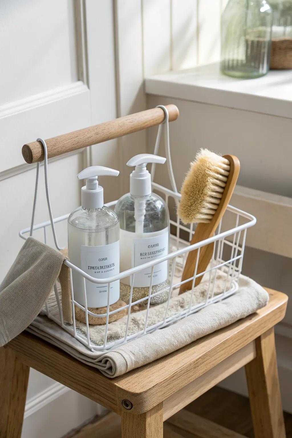 Turn a shower caddy into a chic grab‑and‑go cleaning kit—tiny-space organization on a budget.