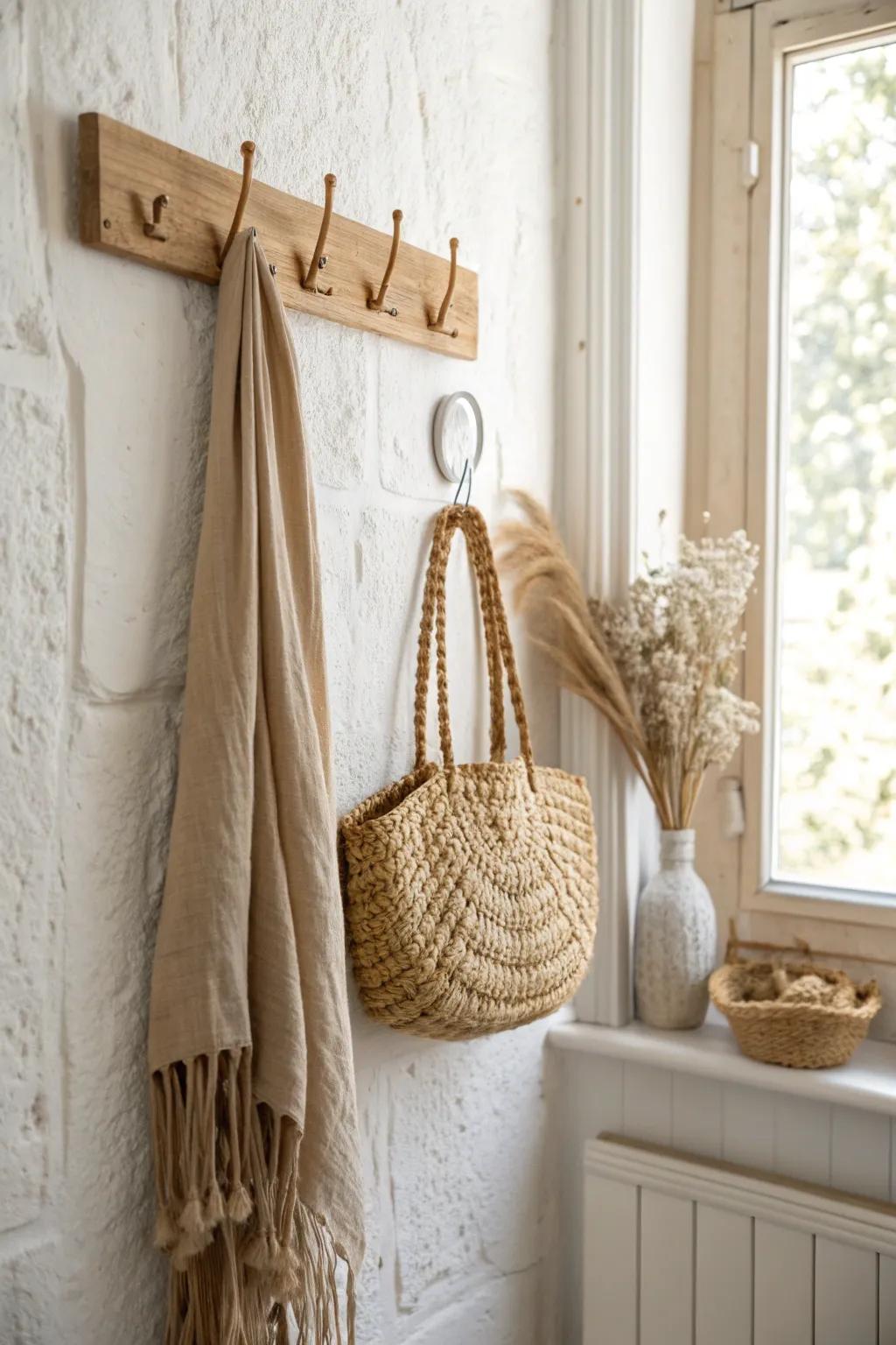 Renter-friendly adhesive peg hook that turns a tiny entry corner into intentional decor.