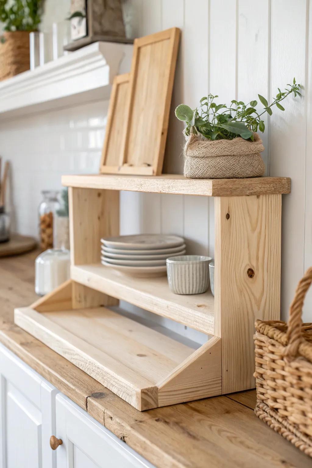 DIY scrap-wood shelf riser: instant extra vertical storage with a clean, minimal look.