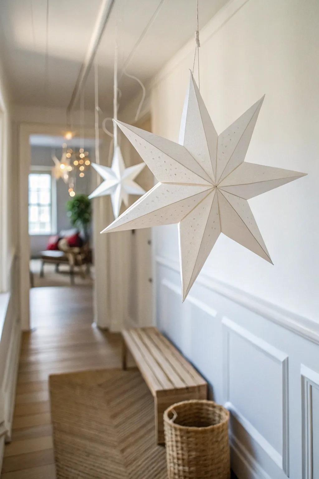 Make a narrow hallway feel taller with floating paper stars hung at different heights.