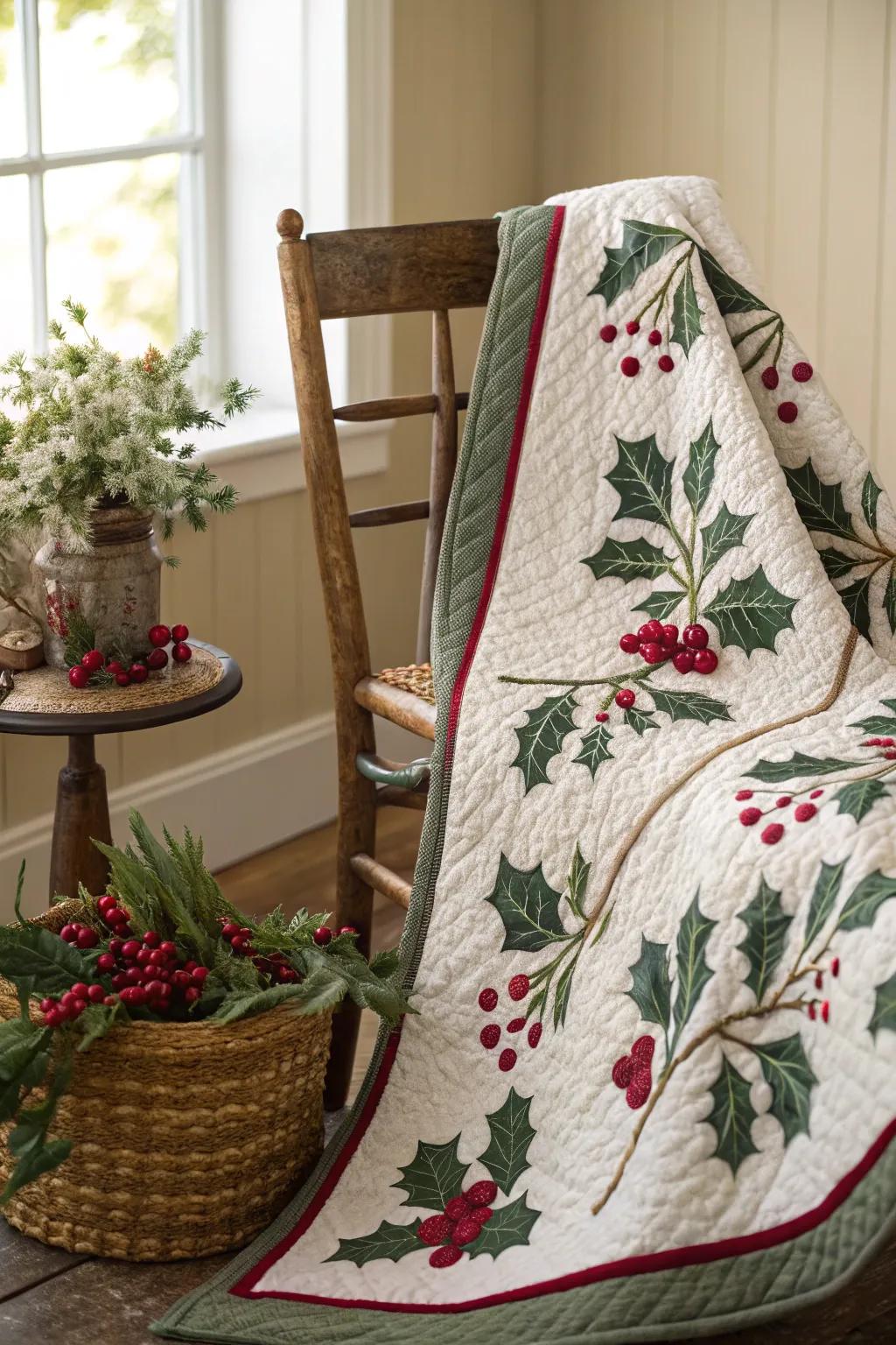 Embrace the warmth of the season with a charming holly leaves and berries quilt, perfect for adding a classic touch to your holiday decor.