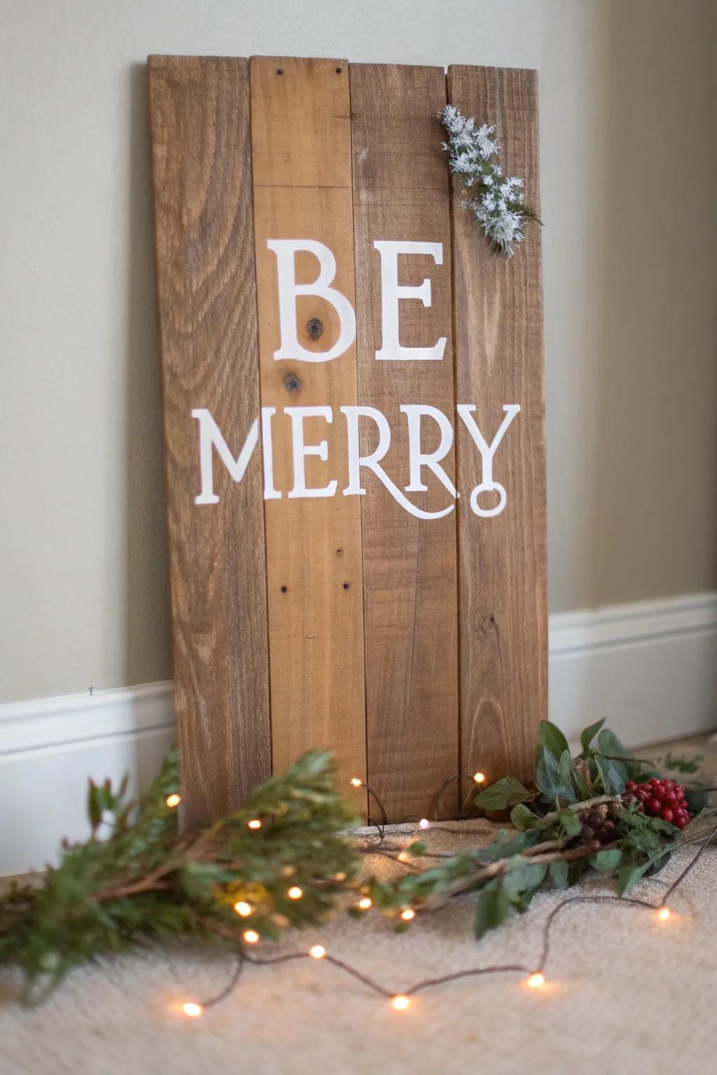 Add a touch of rustic elegance to your holiday decor with a reclaimed wood 'Be Merry' sign—where simplicity meets natural beauty.