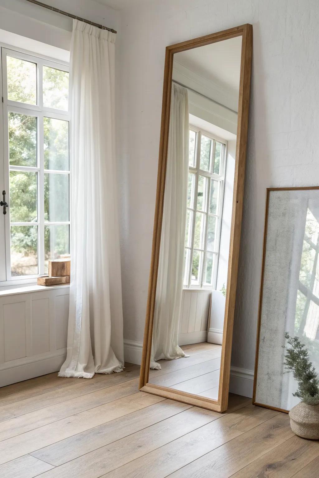 Lean a big mirror to bounce daylight around—instantly brighter, cleaner, and more spacious.