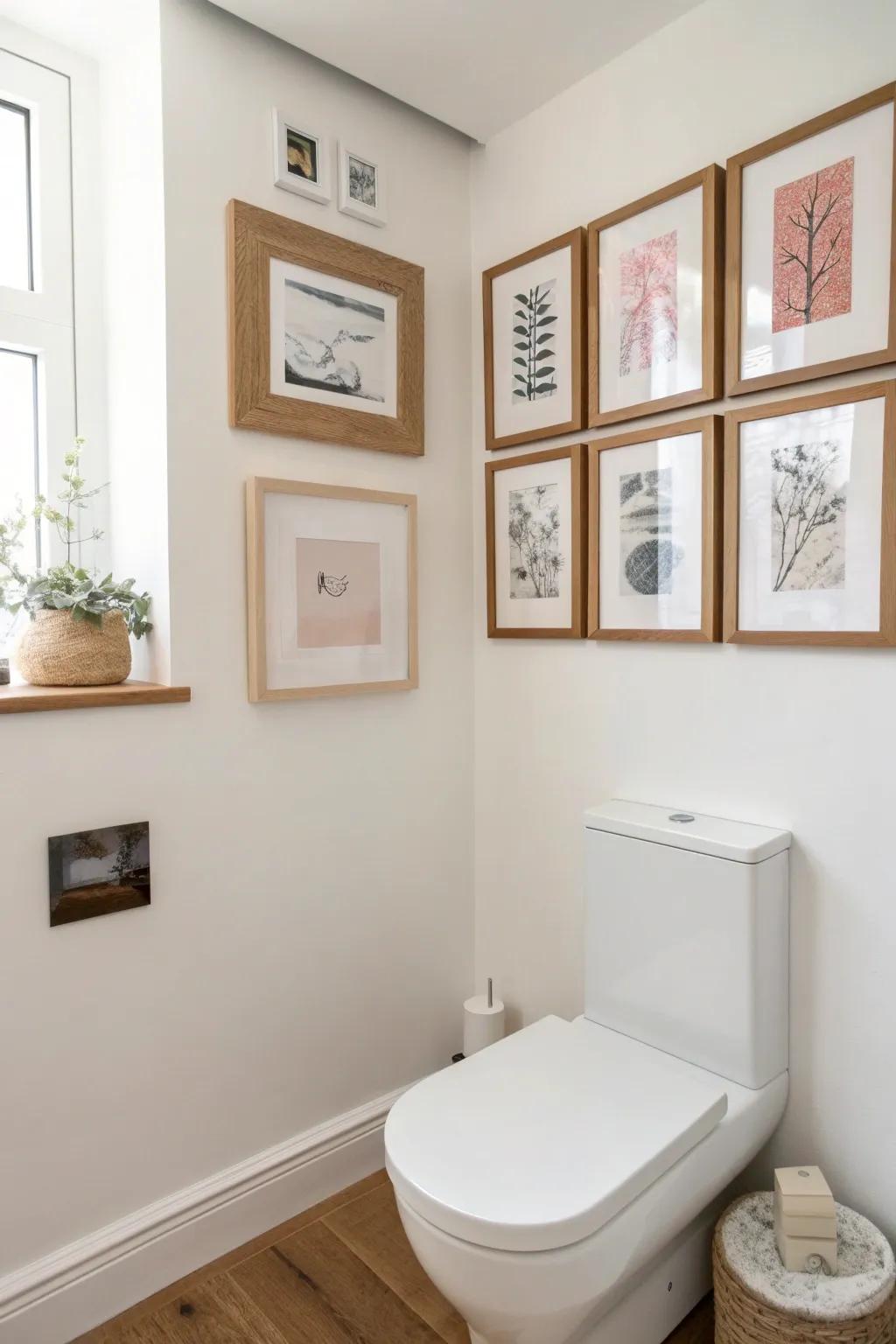 Tiny cloakroom, big personality: a mini gallery wall above the toilet keeps it curated, not cluttered.
