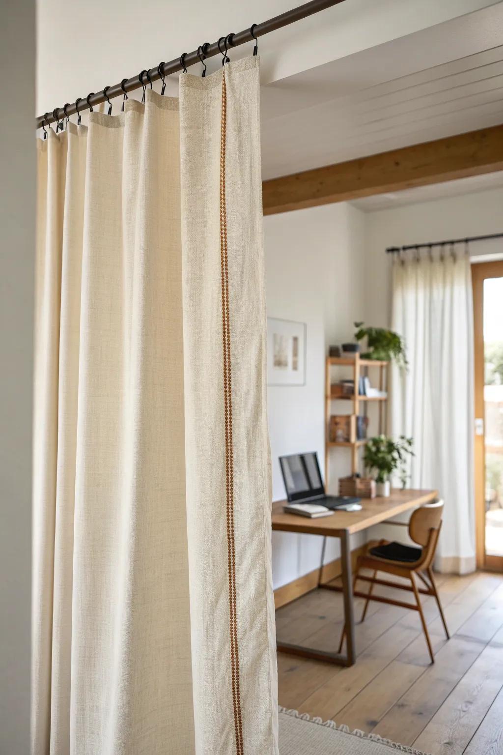 A linen curtain adds soft privacy—instantly calming your cloffice and hiding the clutter.