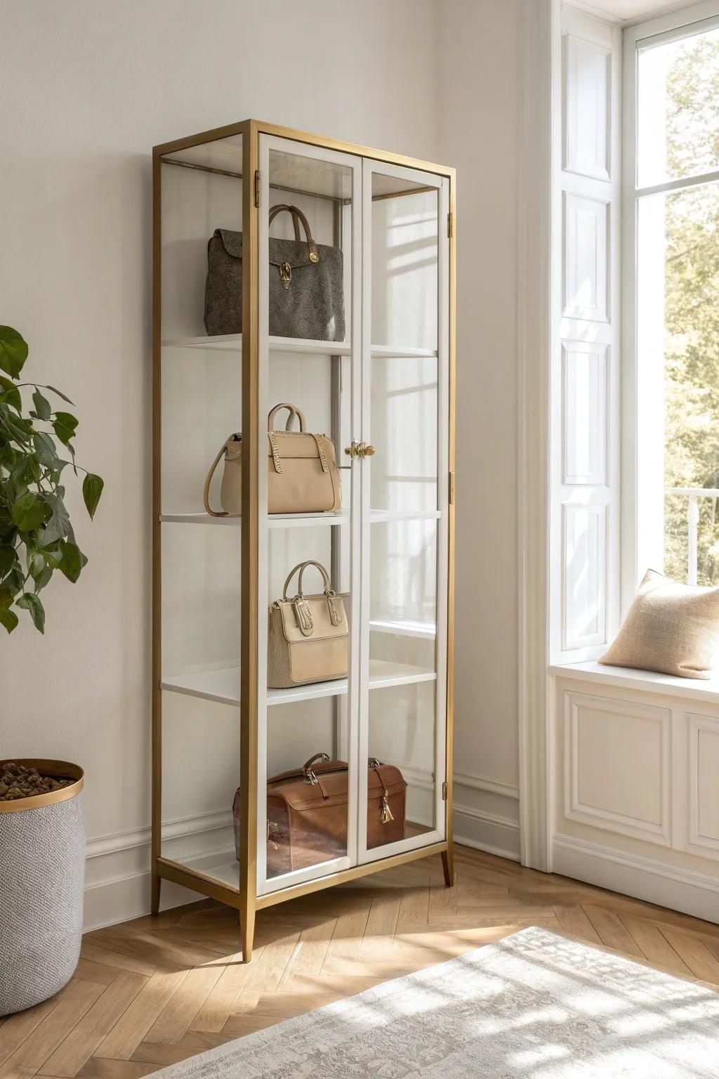 Glass-front closet cabinet doors: a curated handbag display that stays dust-free and tidy.