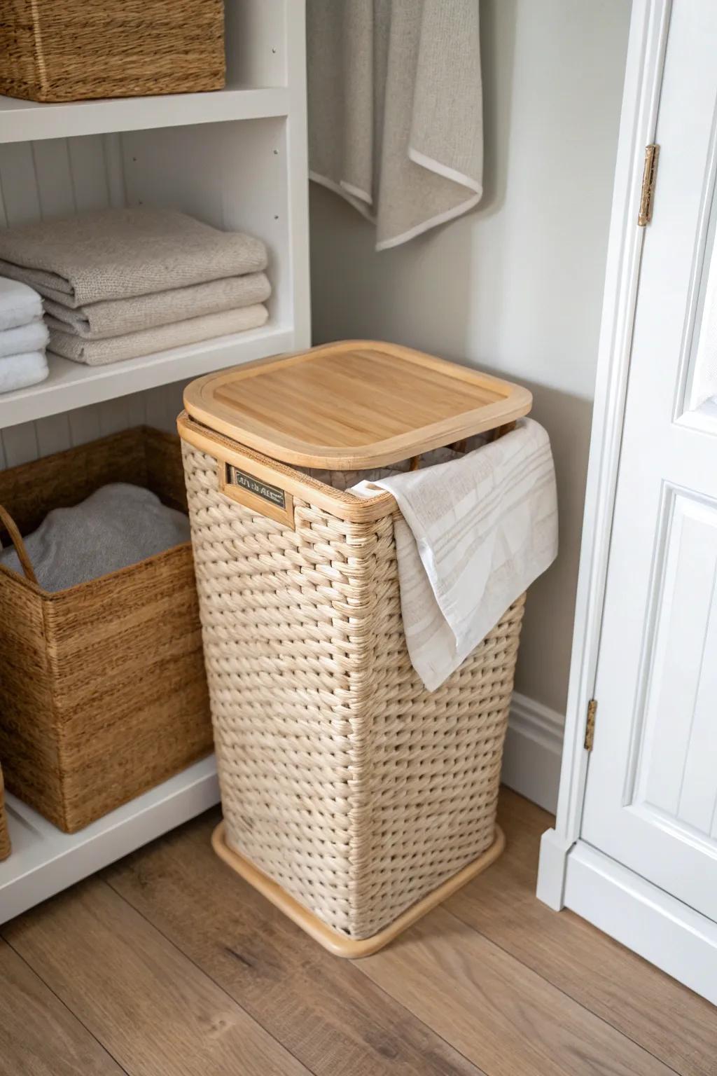A slim woven corner hamper keeps laundry hidden and your closet looking calm.