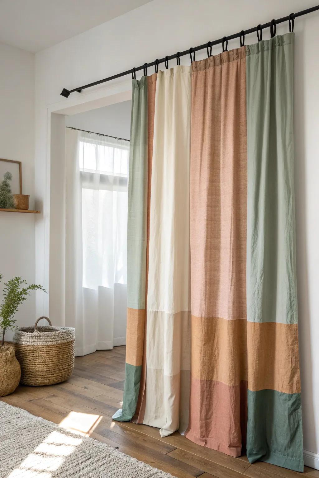 Color-block closet curtains add a custom, designer feel—perfect for tying in soft room accents.