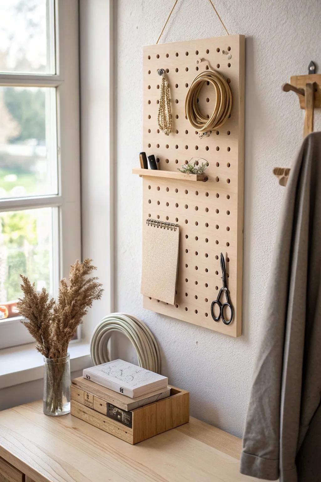 A minimalist pegboard turns your closet desk into a chic vertical command center.