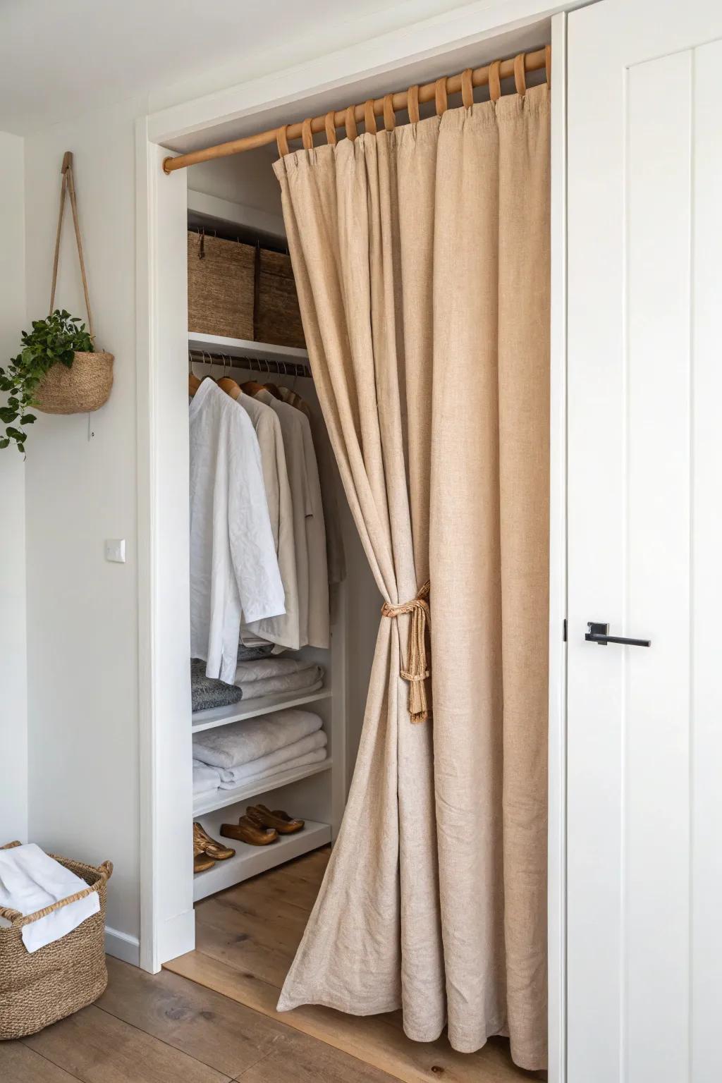 Half linen curtain on the lower closet keeps small spaces calm while staying easy to access.