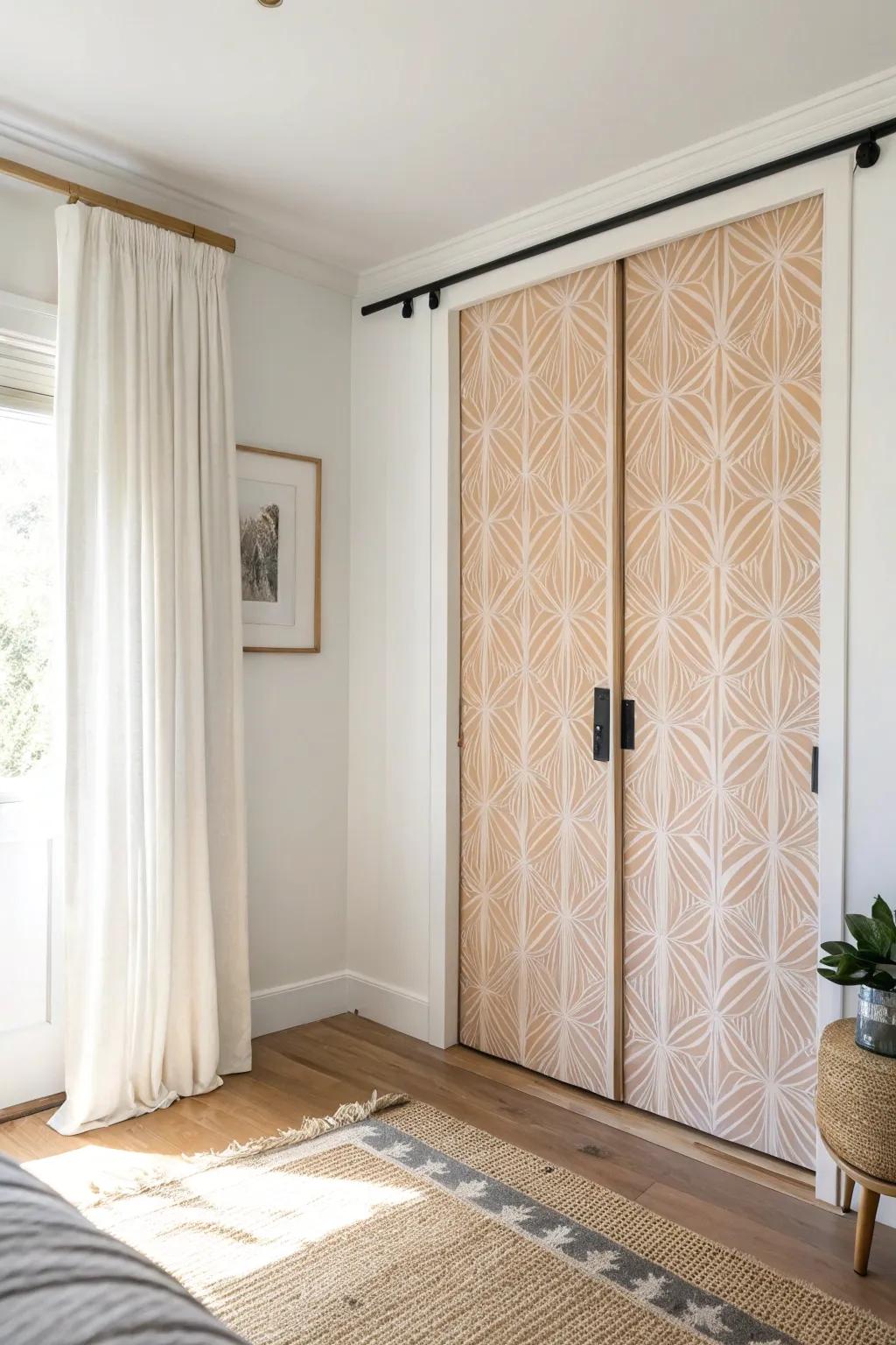 Rental-friendly instant personality: peel-and-stick wallpaper turns closet doors into a statement.