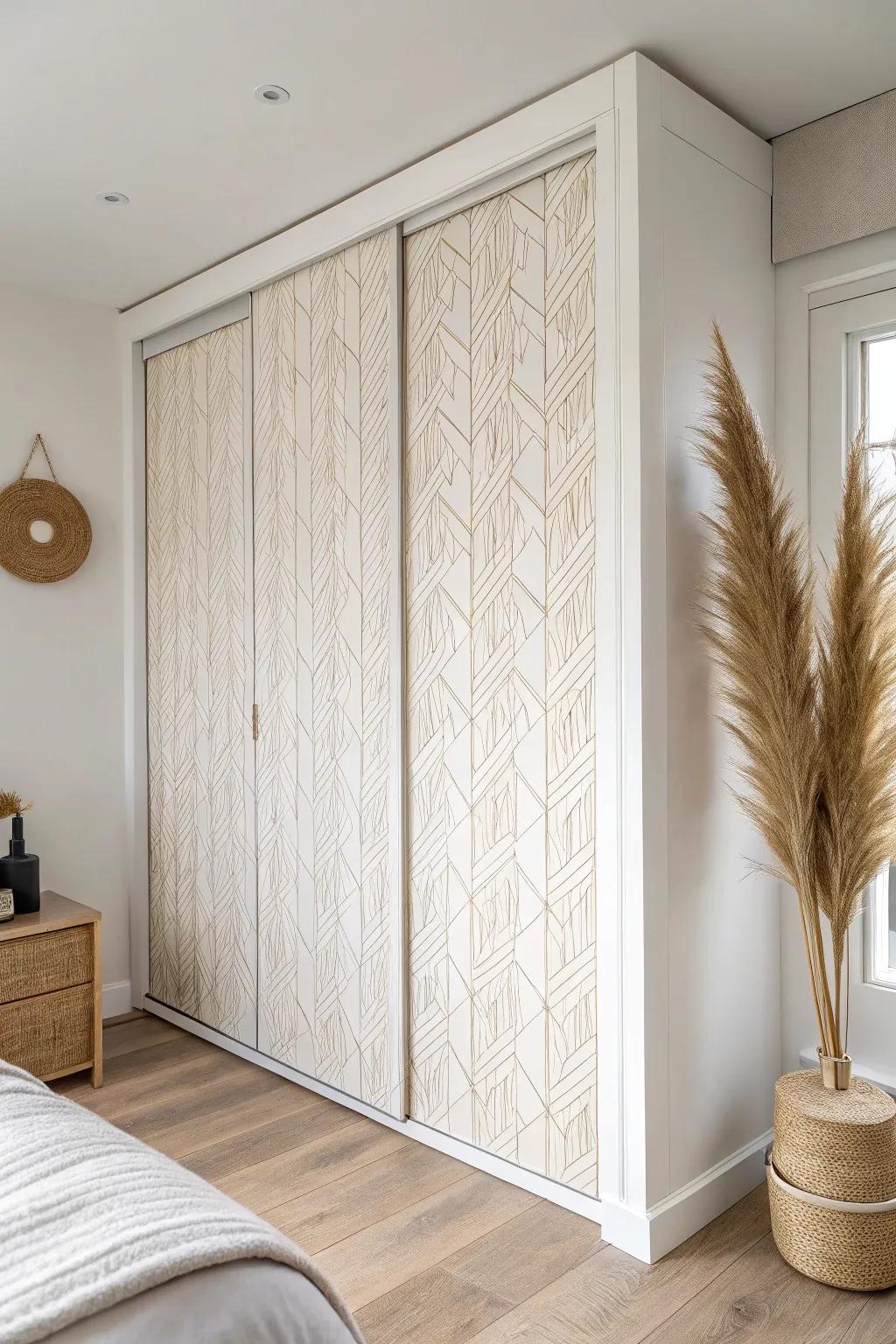 Rental-friendly peel-and-stick wallpaper turns plain closet doors into a chic, custom statement.