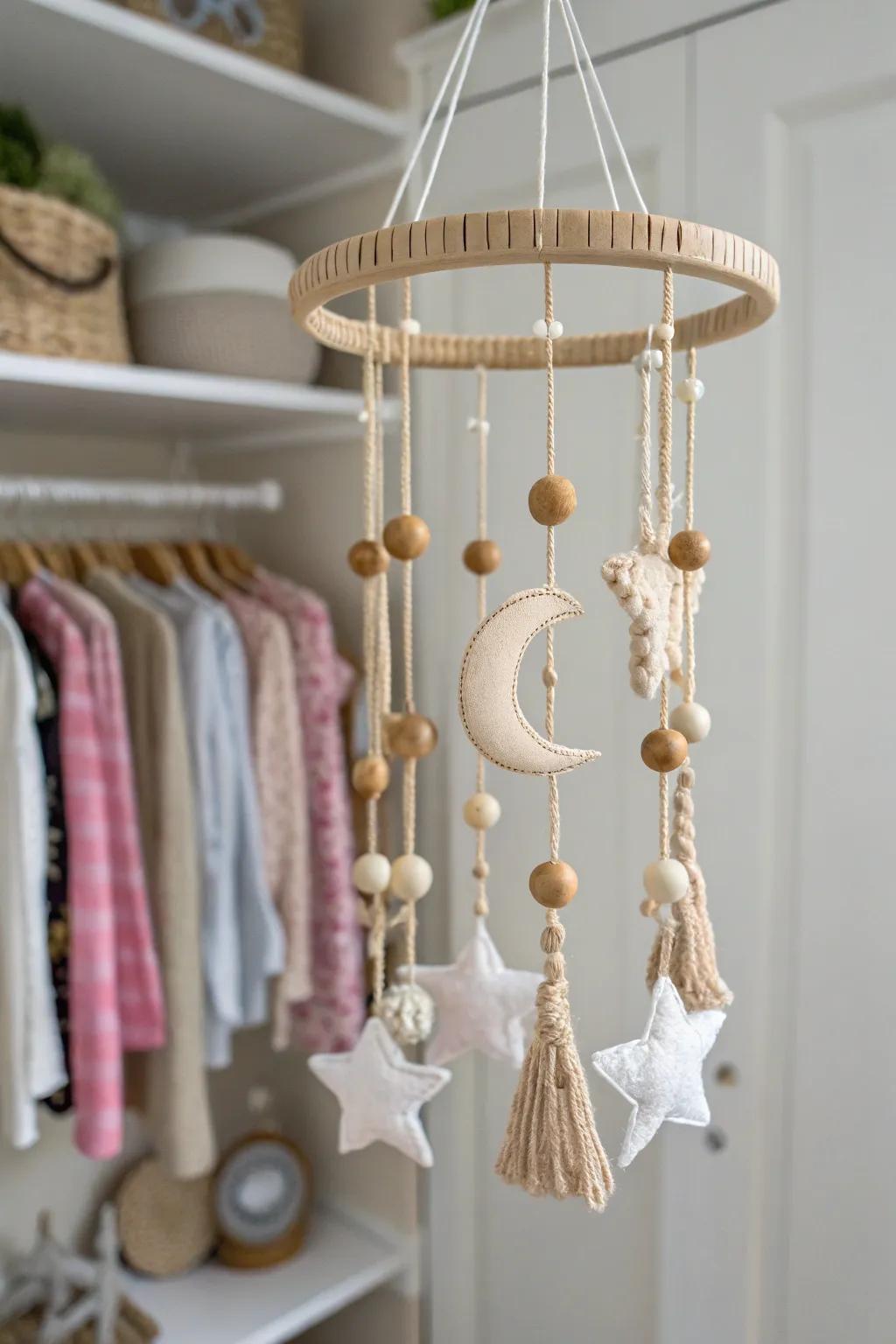 A dreamy handmade mobile hung from the closet rod—magic for tiny nursery nooks.