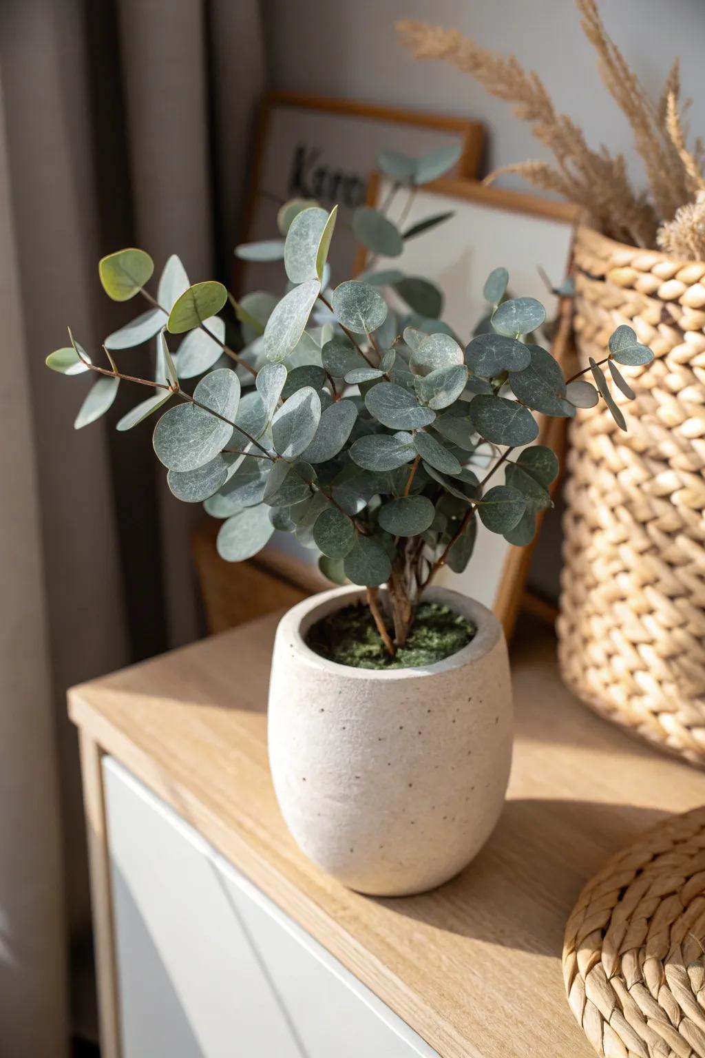 A tiny plant in a handmade pot instantly warms up even the darkest closet office nook.