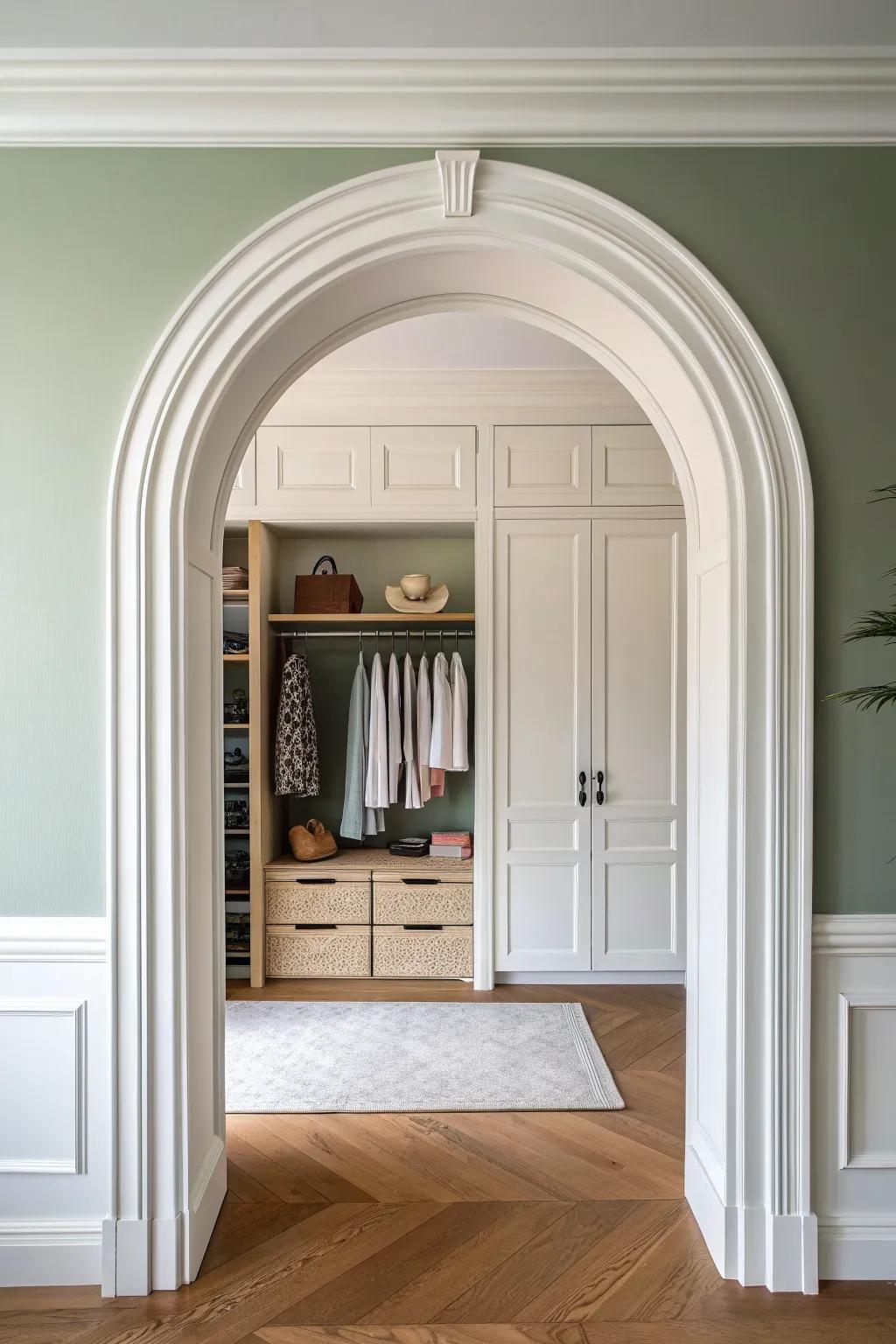 An arched trim frame turns a closet corner into a built‑in, boutique‑style reading nook.