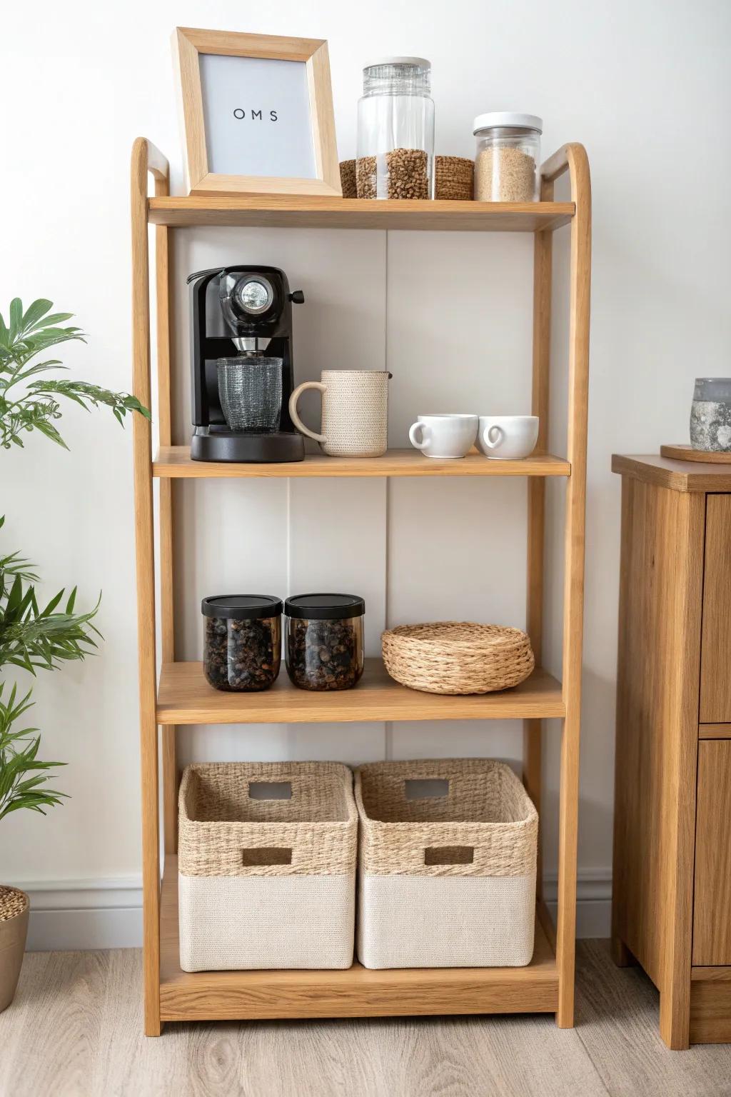 Narrow bookshelf coffee bar with linen bins—renter-friendly storage that hides the clutter.