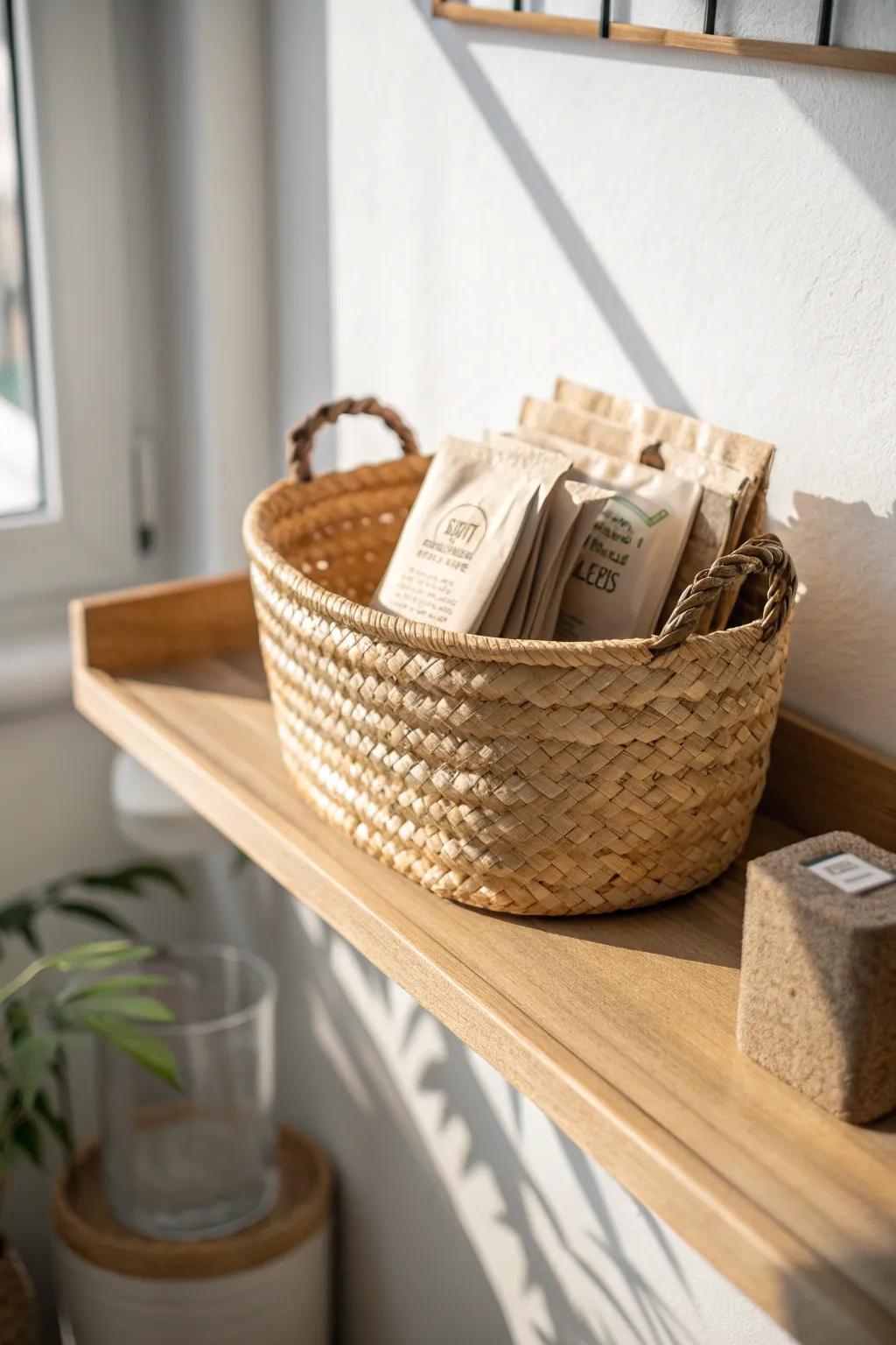 A shallow woven basket keeps pods and tea packets tidy—pretty storage for small coffee bars.