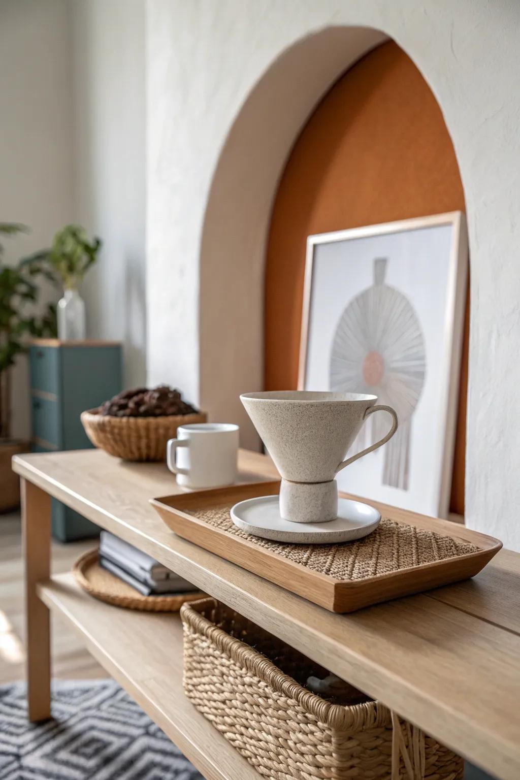 A simple painted color block turns a tiny coffee corner into a calm, dedicated zone.