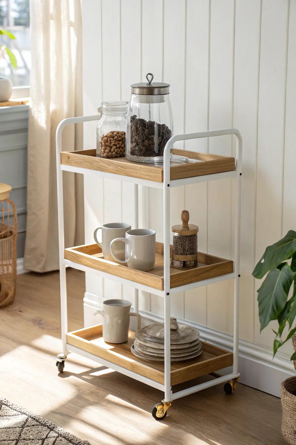 A slim rolling coffee cart keeps beans and mugs organized—flexible storage for small spaces.