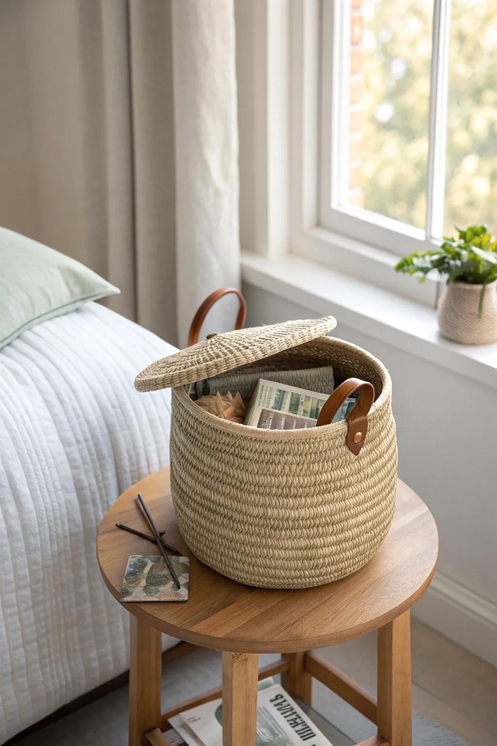 A lidded woven basket hides snacks and cords—cute storage that keeps your tiny bedroom calm.