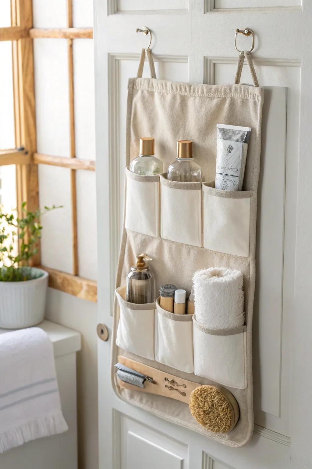 Over-the-door storage, but make it cute—neutral bins and hidden packaging for calm mornings.