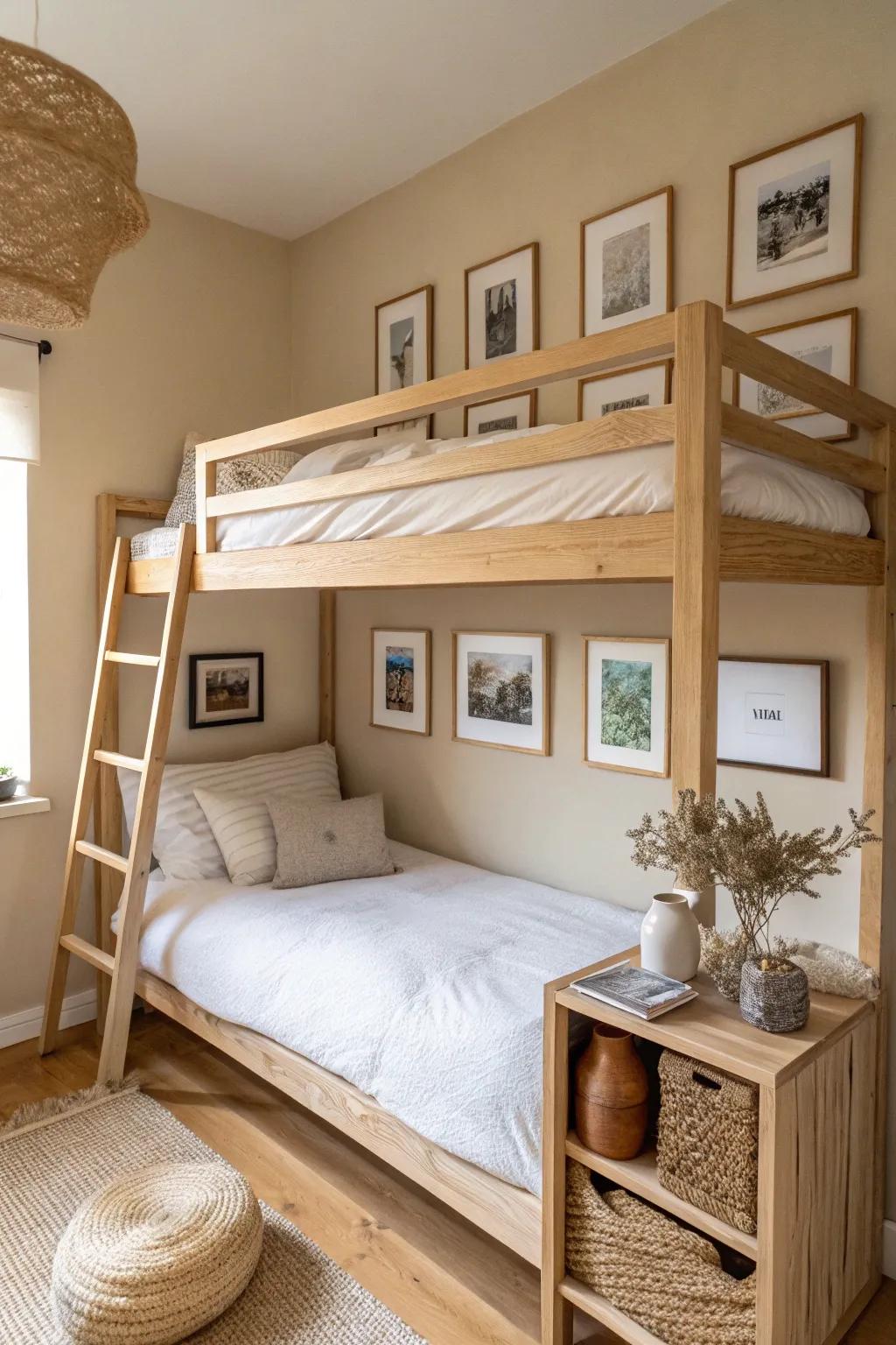 Make your loft nook feel like home with a mini gallery wall of prints, photos, and warm woods.