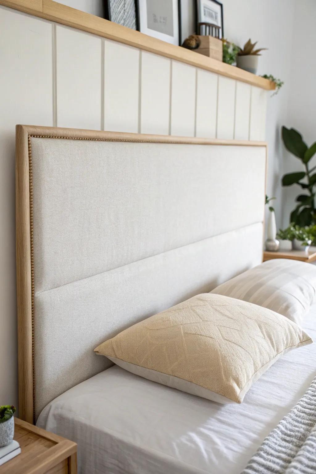 DIY upholstered headboard: foam + linen + removable strips for an instant grown-up dorm bed.