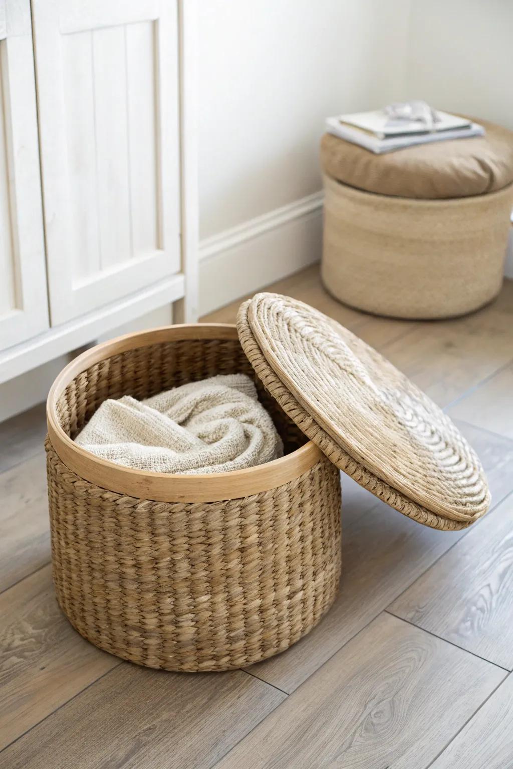 A chic storage ottoman adds extra seating while hiding blankets and dorm clutter in style.