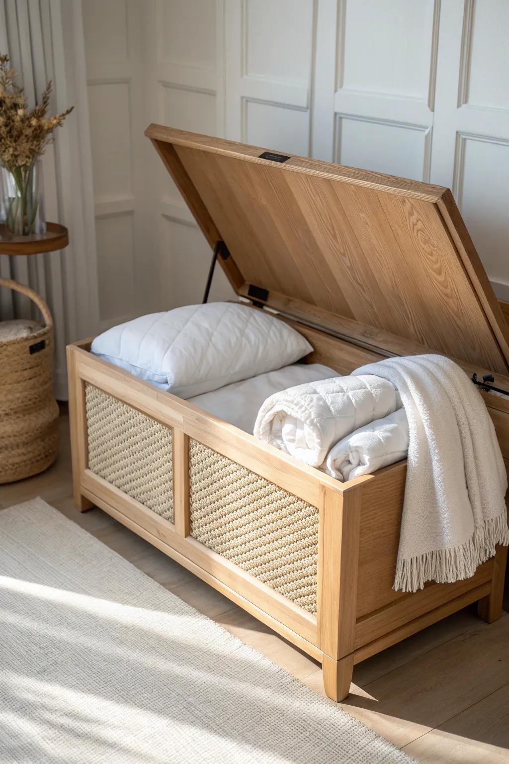 A lift-top bench hides your bulkiest comforter in style—clean, calm, and clutter-free.