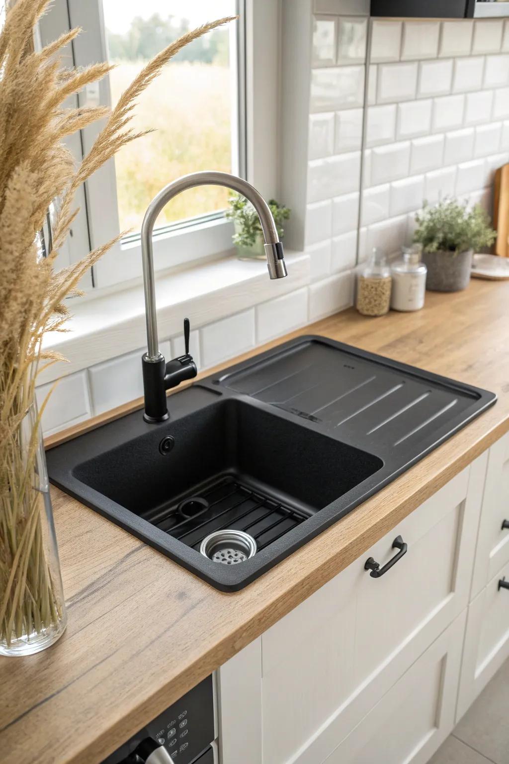 Deep, compact sink + slim drain rack: pot-ready, countertop-saving, studio-perfect for cooking.