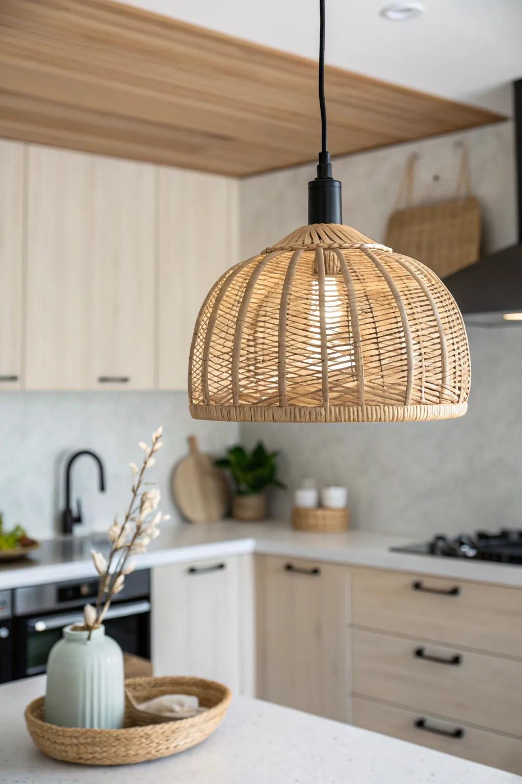 A single woven pendant defines the condo kitchen zone—warm, minimal, and effortlessly chic.