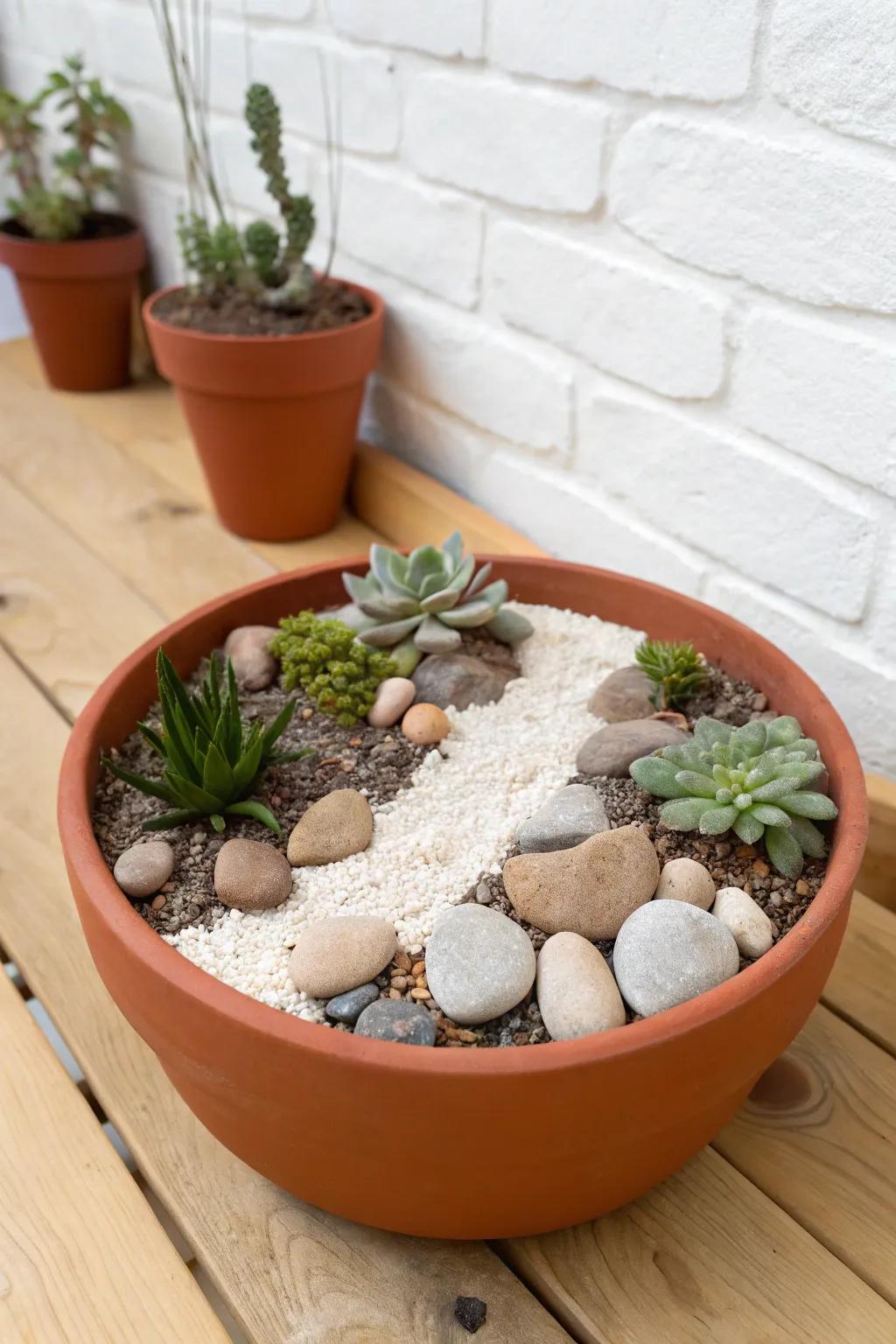 Mini pebble “steps” in a pot—simple, natural, and beautifully charming for small spaces.