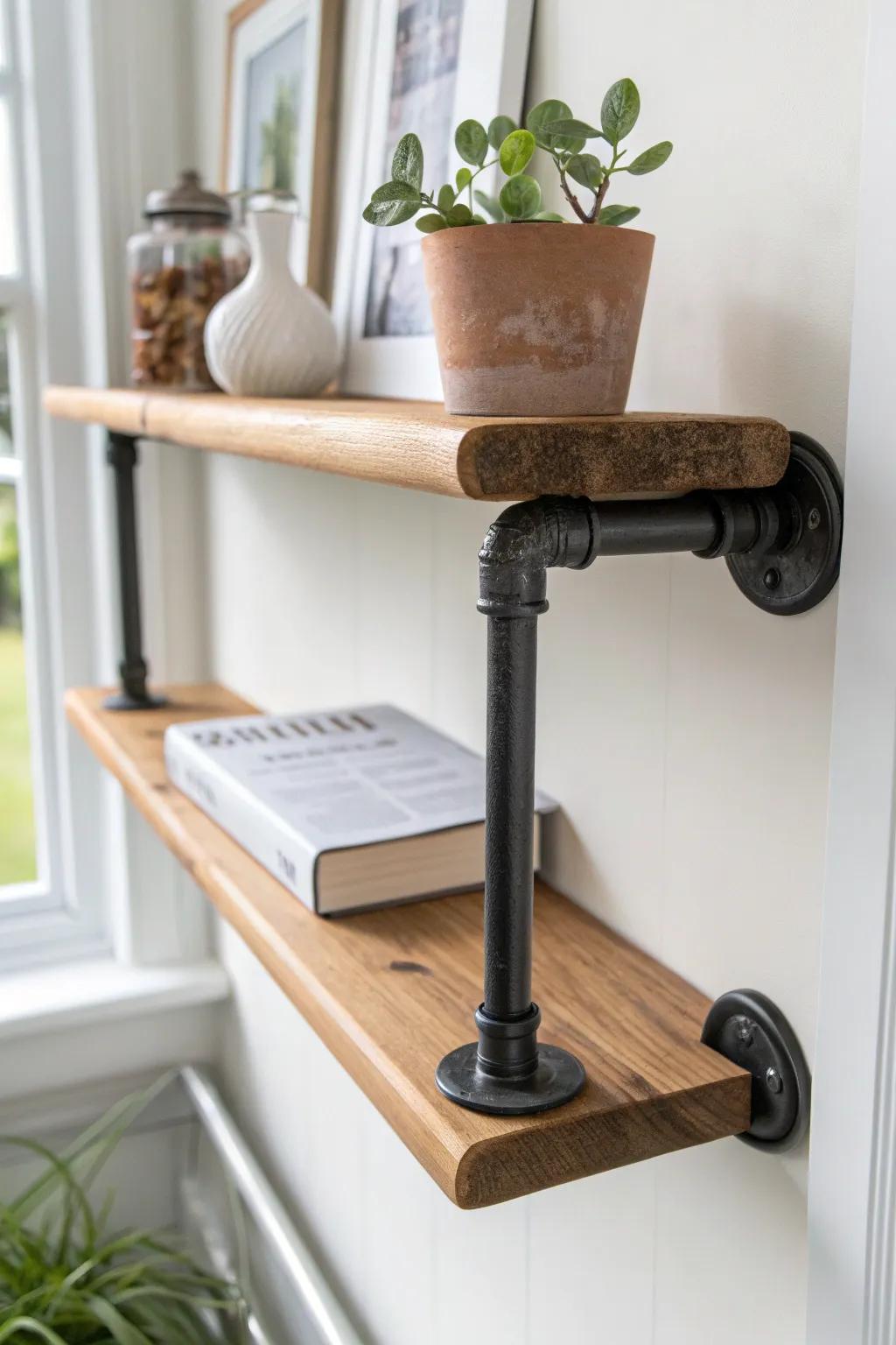 Industrial pipe-and-board shelf: black iron + warm wood, perfect for plants and cookbooks.