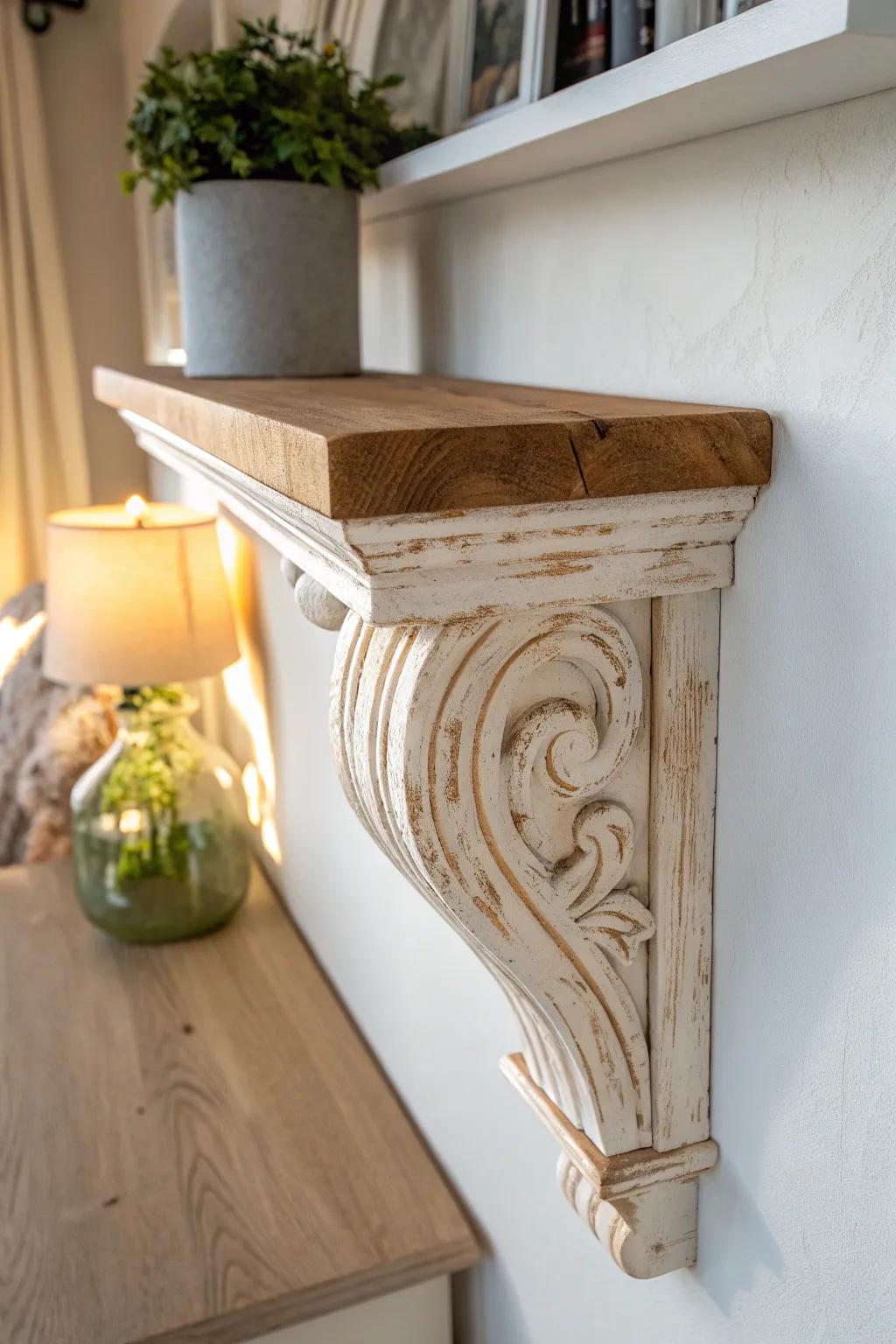 Distressed corbel shelf warmth—sanded edges and neutral tones for effortless farmhouse charm.