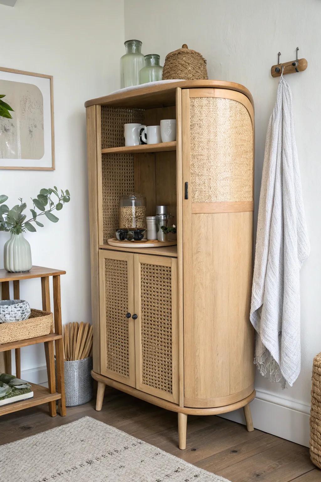 A tiny corner cabinet that serves lattes by day and cocktails by night—no clutter, all charm.