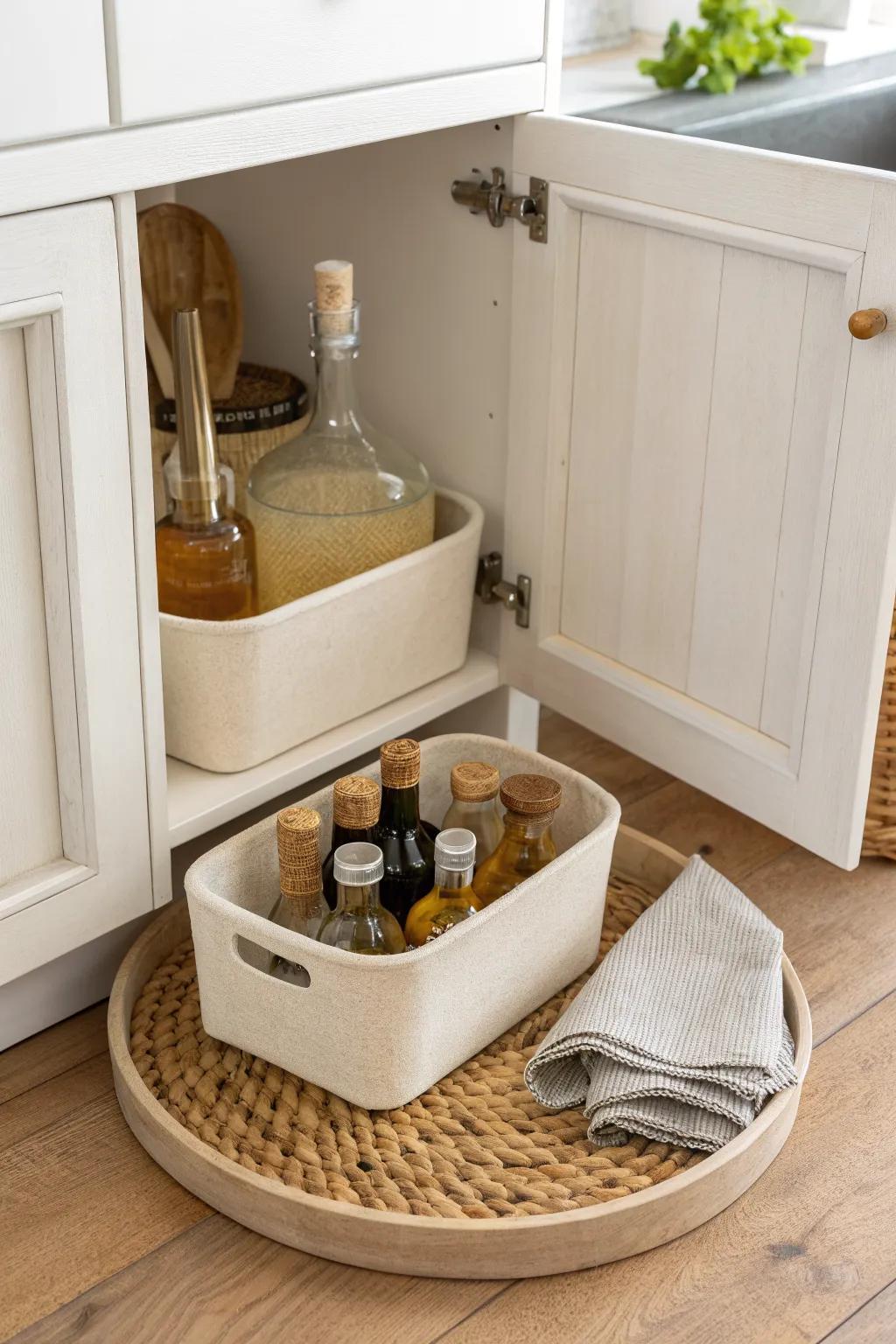 Wedge bins on a lazy Susan keep corner-cabinet bottles tidy—no more tipping chaos.