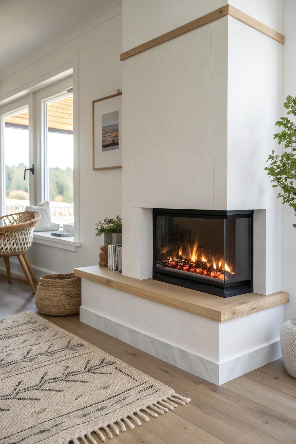 A corner electric fireplace adds cozy glow to a small dining nook—no clutter, just ambiance.