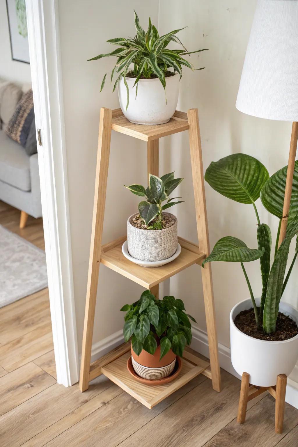 A slim tiered corner plant stand adds height, texture, and greenery—without cluttering small spaces.