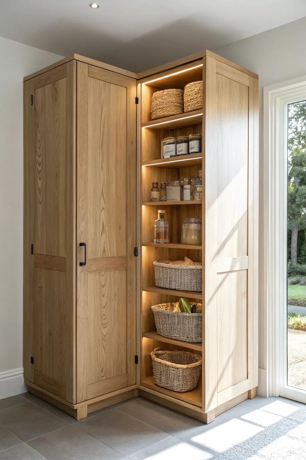 Warm motion-sensor lighting makes a corner pantry cabinet’s back shelves feel bright and usable.
