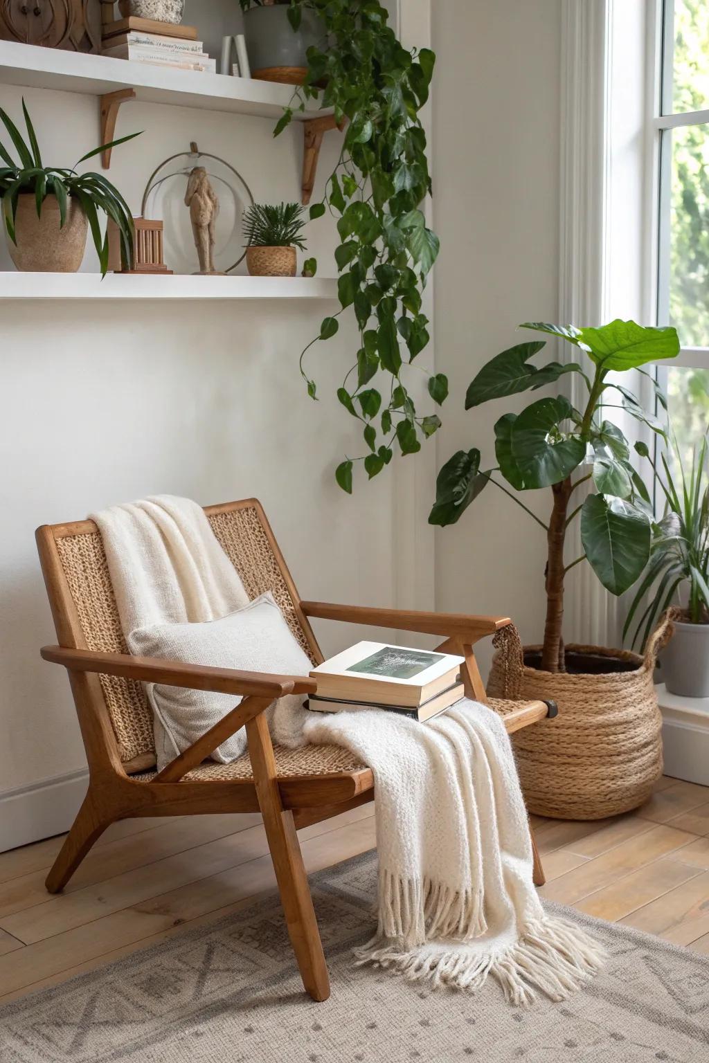 A plant-wrapped corner chair turns a sharp angle into a calm, cozy reading sanctuary.