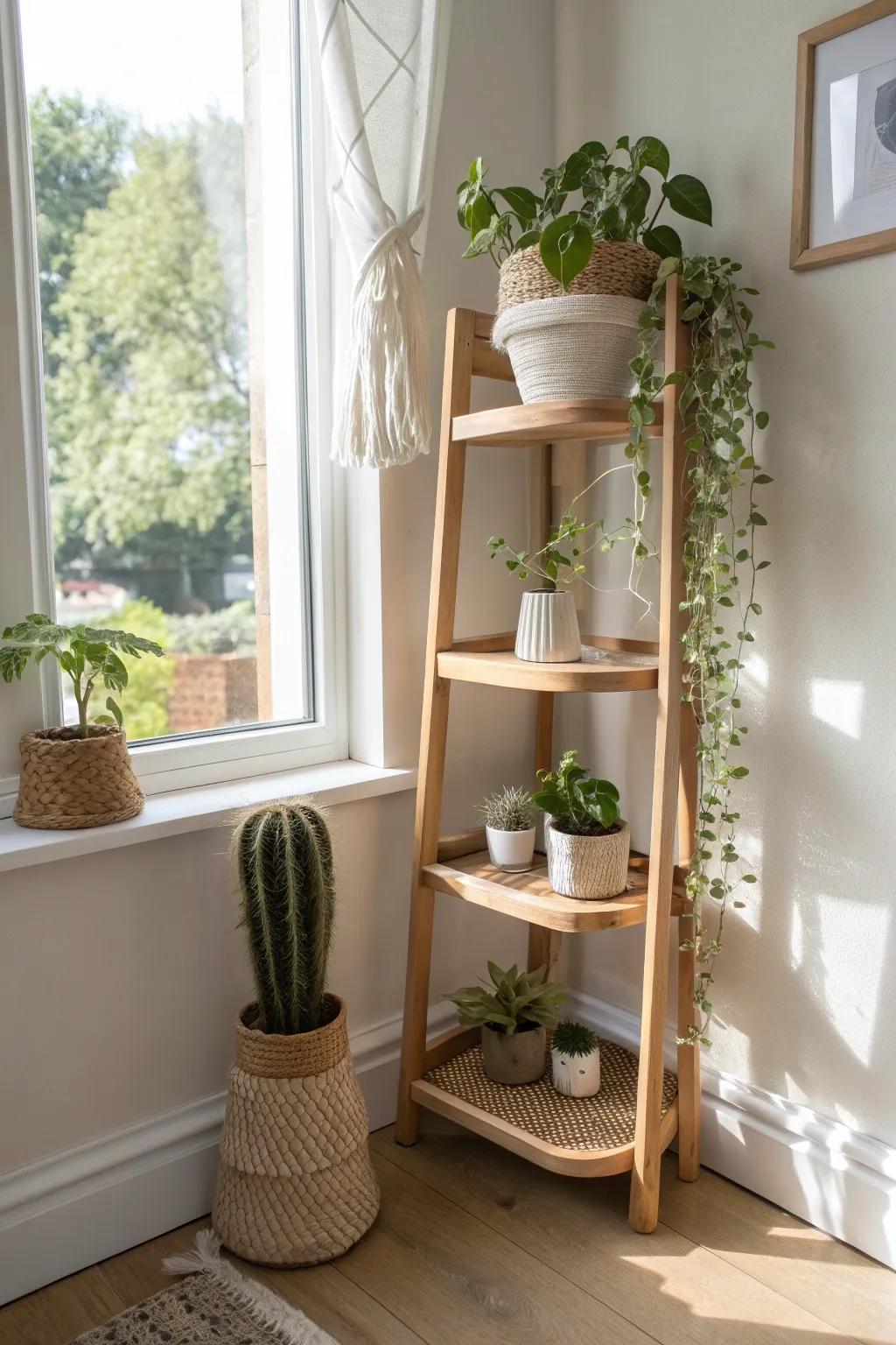 Sunny corner plant shelves by the window, mixing trailing vines and upright greens for depth.