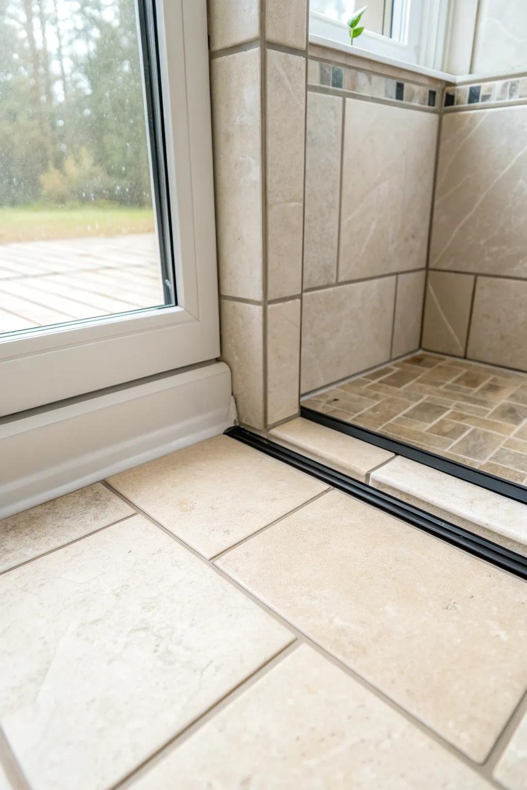 Use the same floor tile in the corner shower for a seamless look that makes small baths feel bigger.