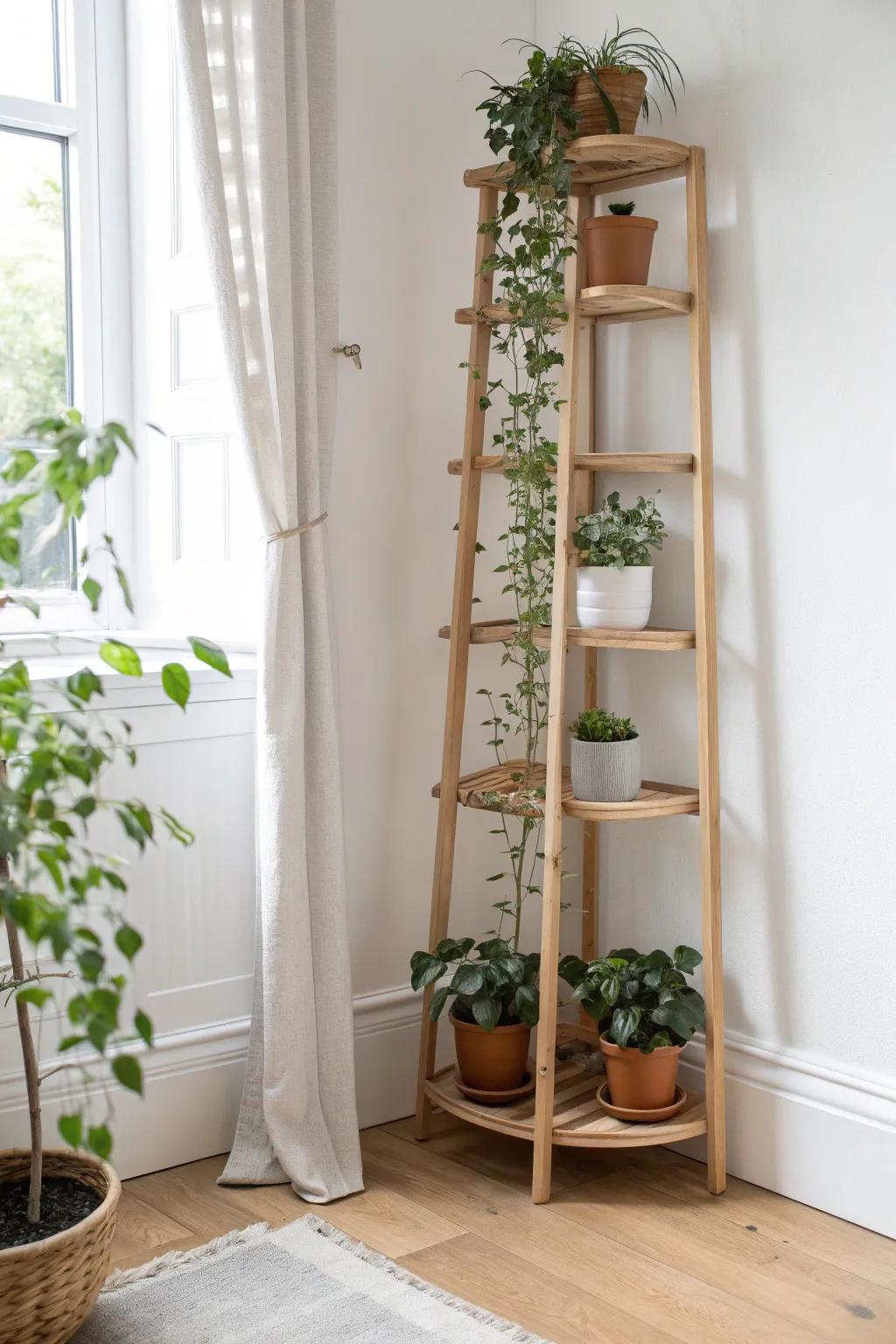 A corner trellis with slim shelf ledges—vertical greenery that feels styled, not stuffed.