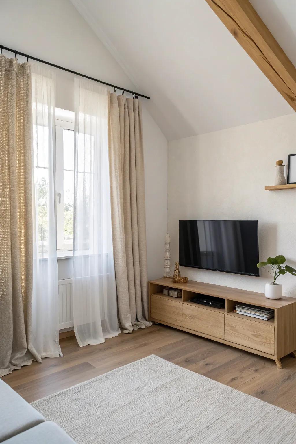 Soft linen curtains turn a corner TV into a calm little stage—clutter disappears in seconds.