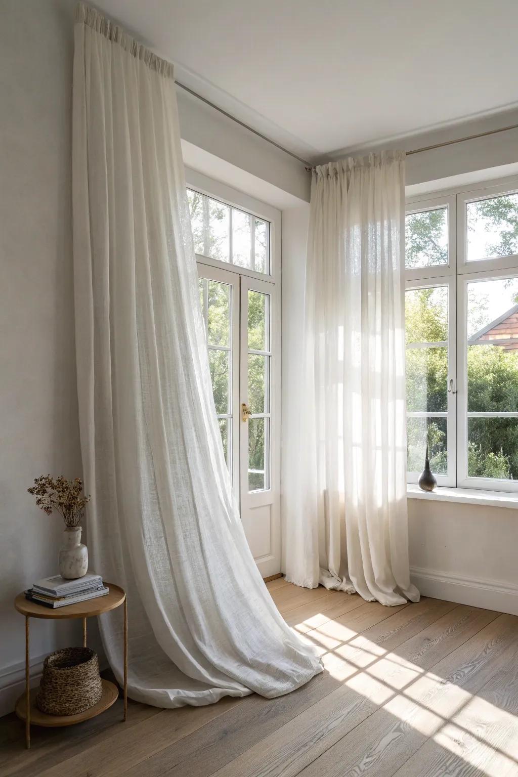 One continuous sheer wrap turns a tight corner window into an airy, sunlit soft wall.