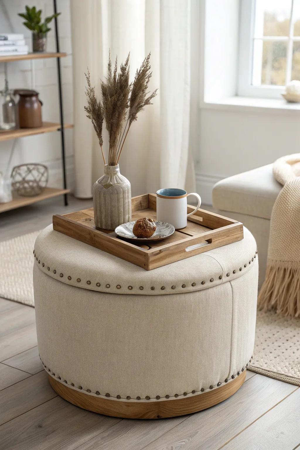 A storage ottoman that doubles as seating and a coffee table—small-space magic.
