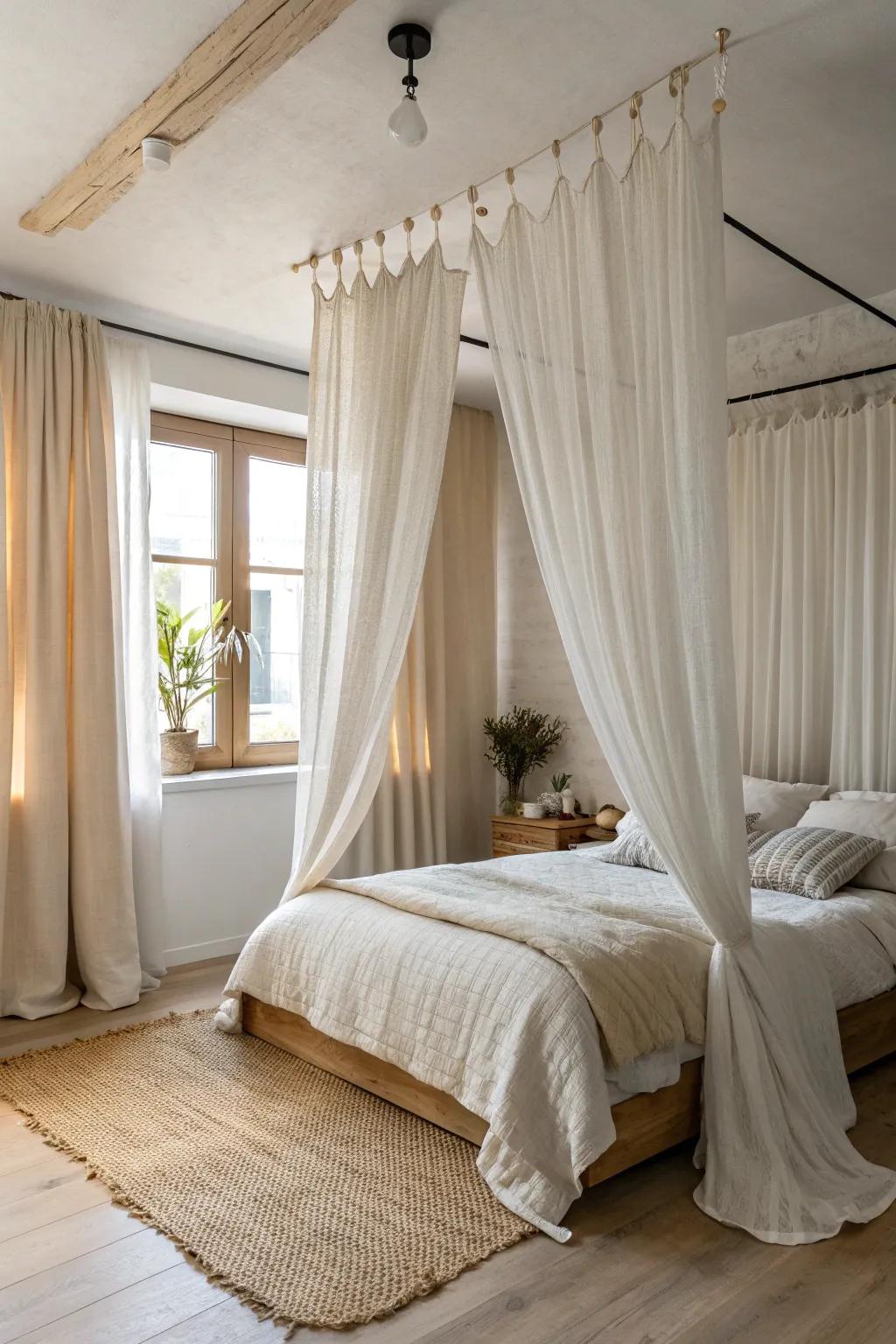 A curtain cocoon canopy turns your bed into a cozy room-within-a-room—perfect for small spaces.