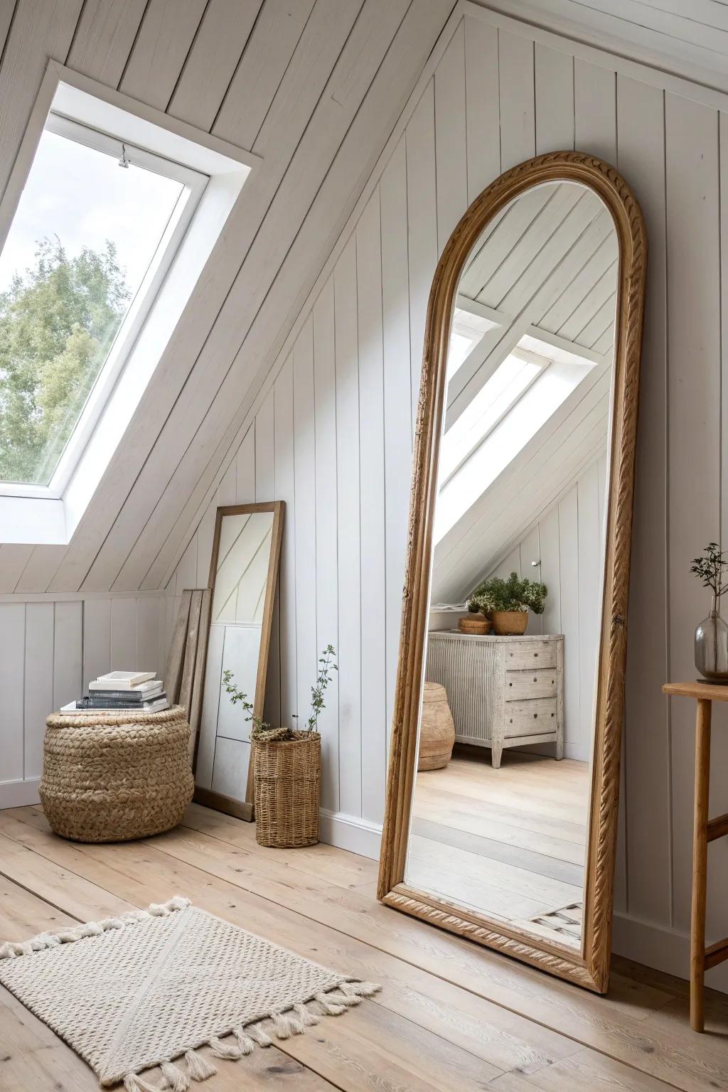One tall mirror by the attic wall doubles skylight glow and makes the room feel bigger.