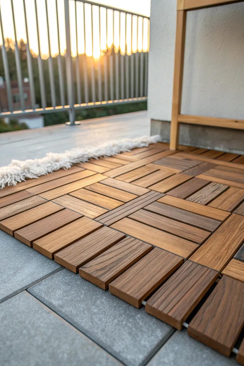 Snap-in deck tiles add instant warmth—no drilling, no drama, just cozy cabin vibes on your balcony.