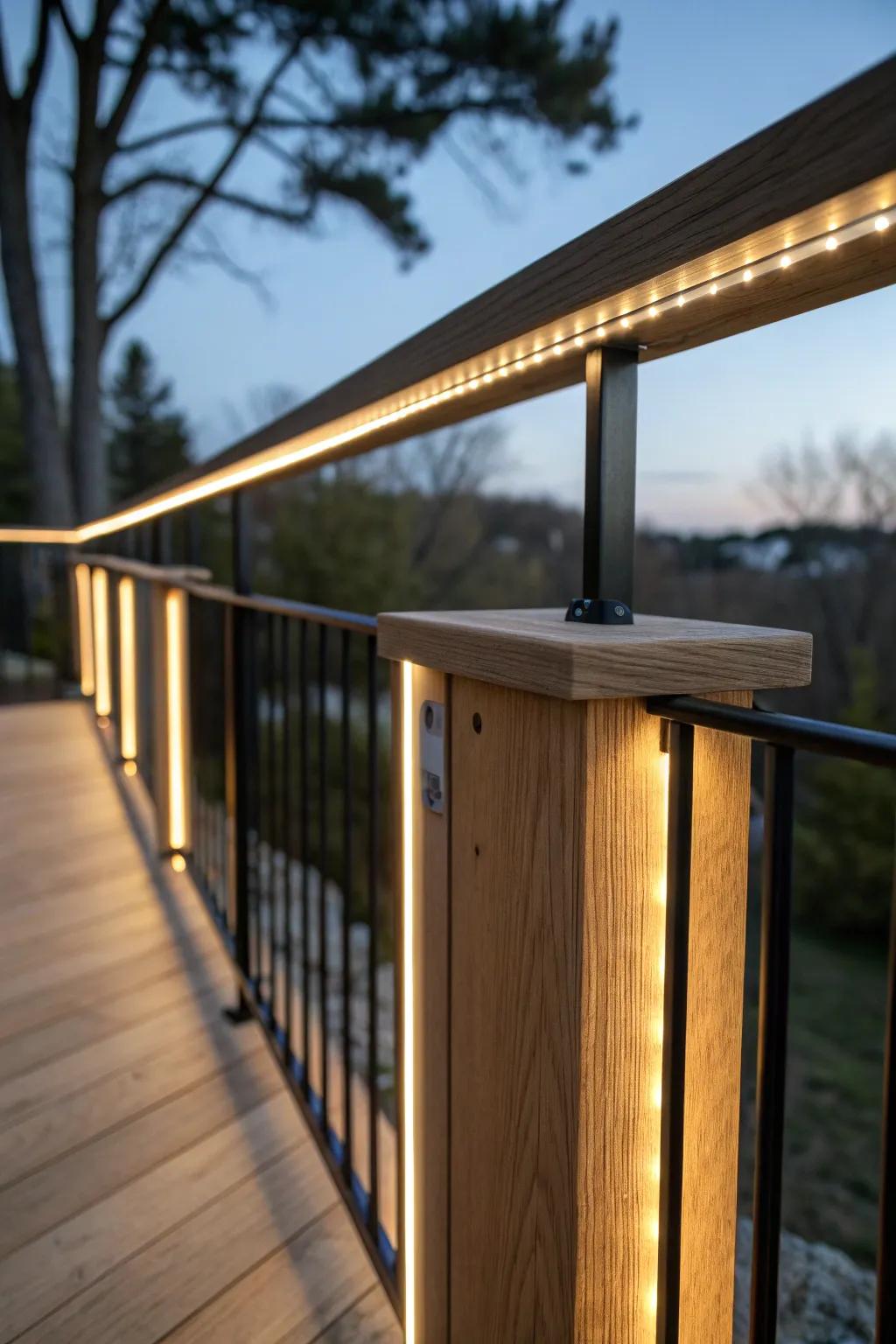 Under-railing glow lighting that softly outlines a tiny deck and makes it feel extra cozy.
